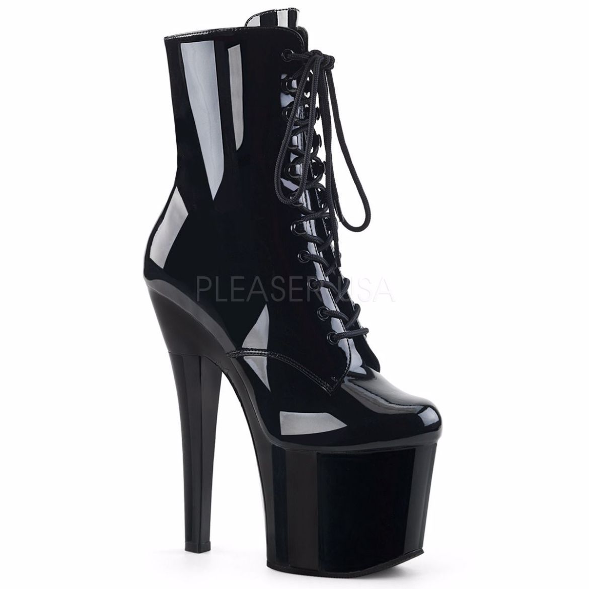 Product image of Pleaser Radiant-1020 Black Patent/Black, 7 inch (17.8 cm) Heel, 3 1/4 inch (8.3 cm) Platform Ankle Boot