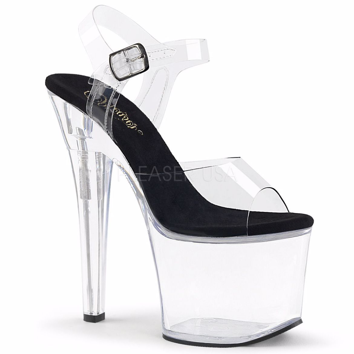 Product image of Pleaser Radiant-708 Clear-Black/Clear, 7 inch (17.8 cm) Heel, 3 1/4 inch (8.3 cm) Platform Sandal Shoes