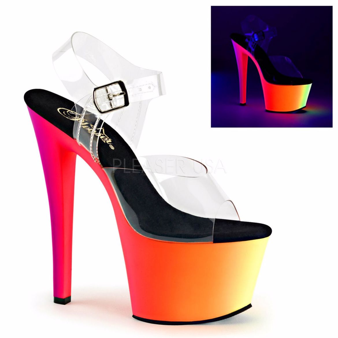Product image of Pleaser Rainbow-308Uv Clear/Neon Multi, 7 inch (17.8 cm) Heel, 2 3/4 inch (7 cm) Platform Sandal Shoes