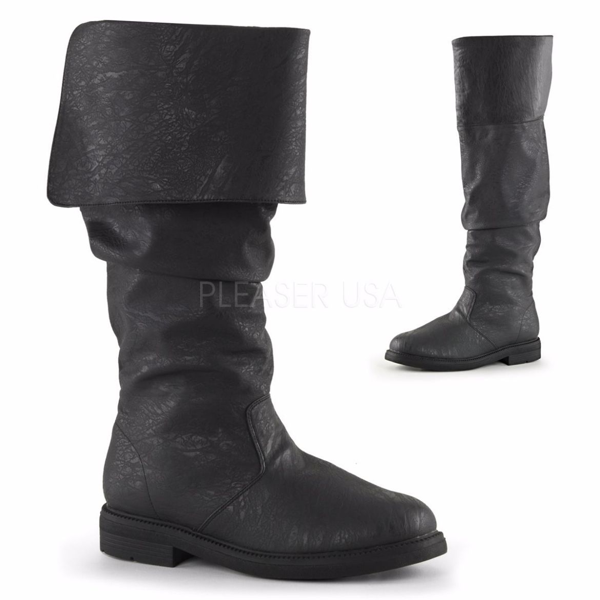 Product image of Funtasma Robinhood-100 Black Distressed Pu, 1 inch (2.5 cm) Flat Heel Knee High Boot
