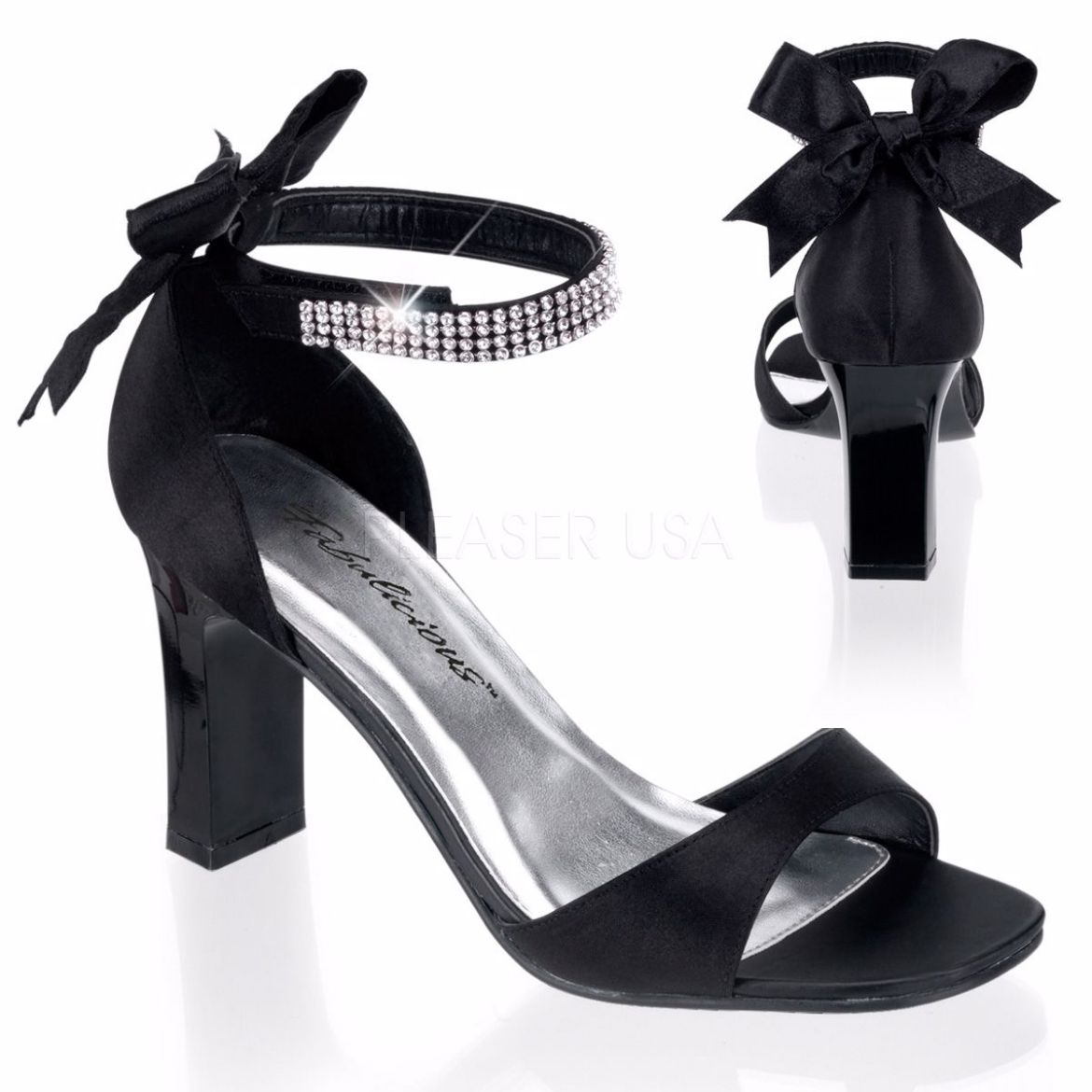 Product image of Fabulicious Romance-372 Black Satin, 3 1/4 inch (8.3 cm) Heel Sandal Shoes