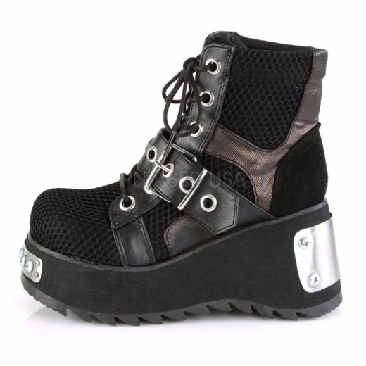 Product image of Demonia Scene-53 Black Vegan Leather-Fishnet Fabric, 3 1/2 inch Platform Ankle Boot