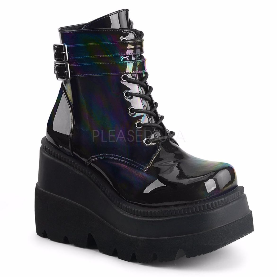 Product image of Demonia Shaker-52 Black Hologram, 4 1/2 inch (11.4 cm) Stacked Wedge Platform Ankle Boot