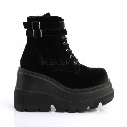 Product image of Demonia Shaker-52 Black Velvet, 4 1/2 inch (11.4 cm) Wedge Platform Ankle Boot