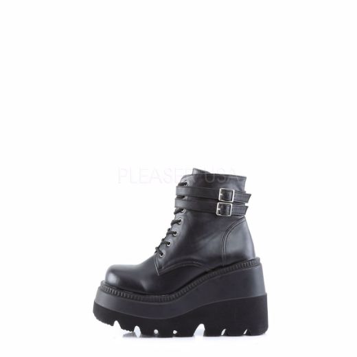 Product image of Demonia Shaker-52 Black Vegan Leather, 4 1/2 inch (11.4 cm) Wedge Platform Ankle Boot