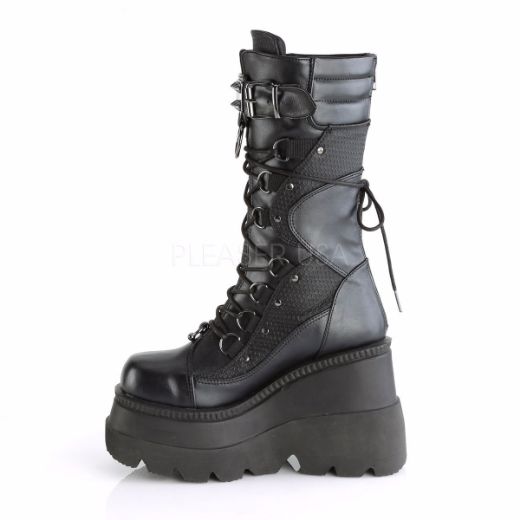 Product image of Demonia Shaker-70 Black Vegan Leather, 4 1/2 inch (11.4 cm) Wedge Platform Knee High Boot
