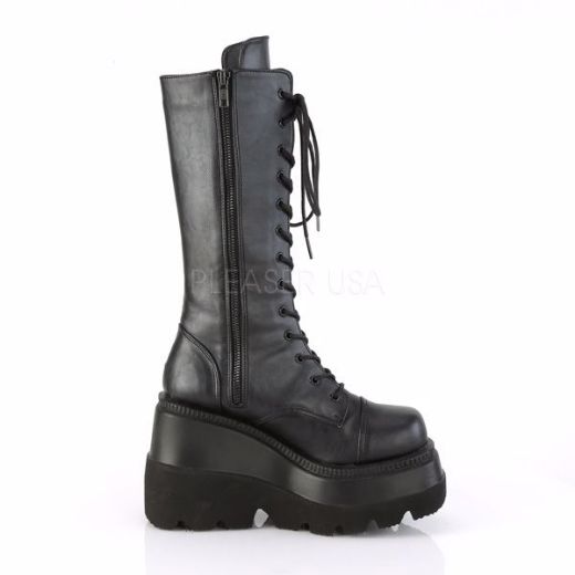 Product image of Demonia Shaker-72 Black Vegan Leather, 4 1/2 inch (11.4 cm) Wedge Platform Knee High Boot