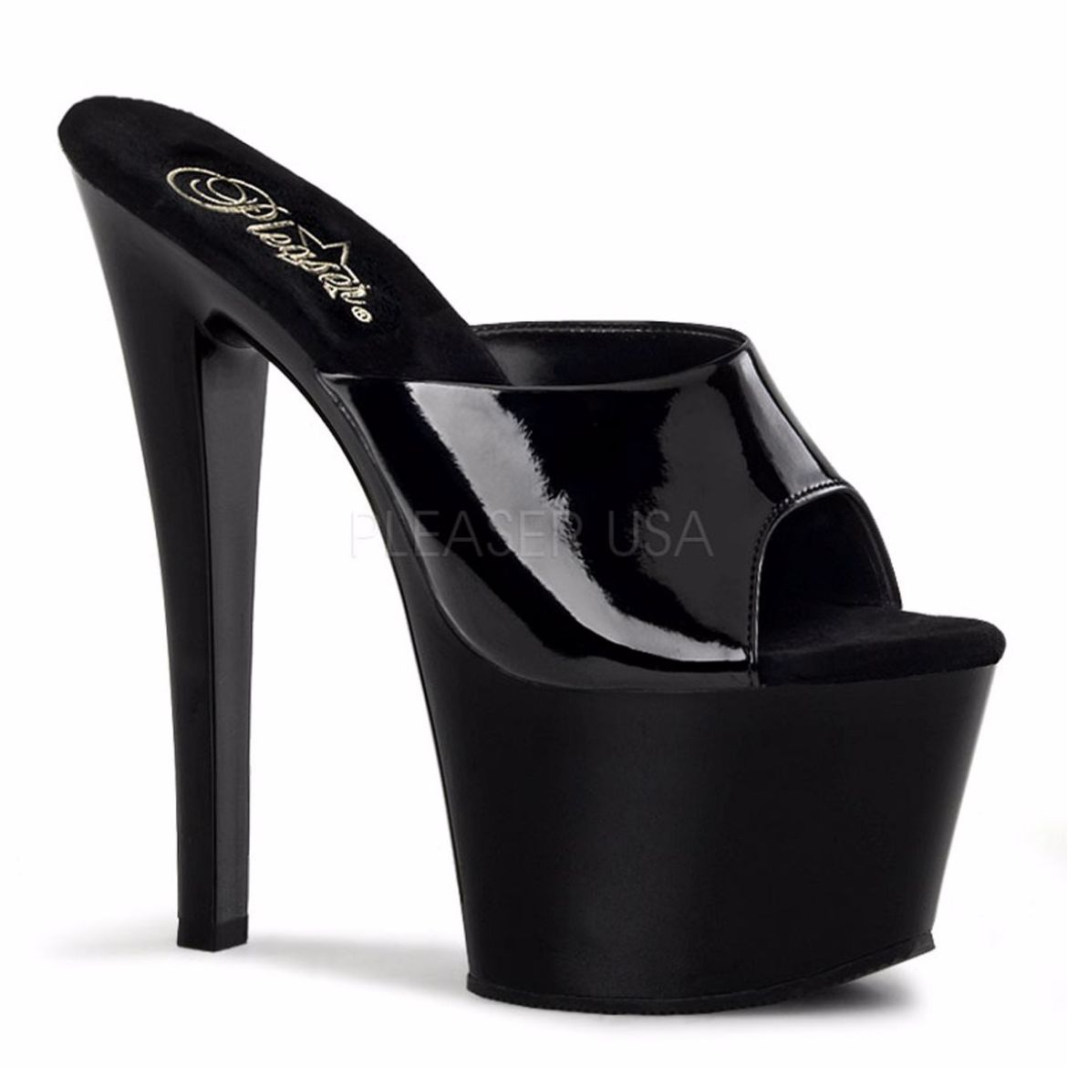 Product image of Pleaser Sky-301 Black Patent/Black, 7 inch (17.8 cm) Heel, 2 3/4 inch (7 cm) Platform Slide Mule Shoes