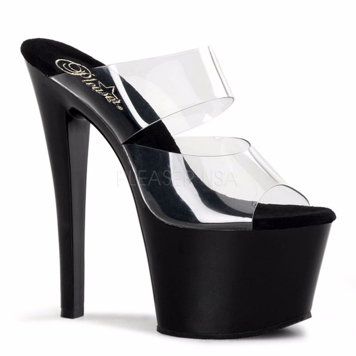 Product image of Pleaser Sky-302 Clear/Black, 7 inch (17.8 cm) Heel, 2 3/4 inch (7 cm) Platform Slide Mule Shoes