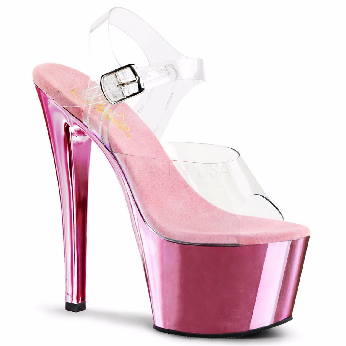 Product image of Pleaser Sky-308 Clear/Baby Pink Chrome, 7 inch (17.8 cm) Heel, 2 3/4 inch (7 cm) Platform Sandal Shoes
