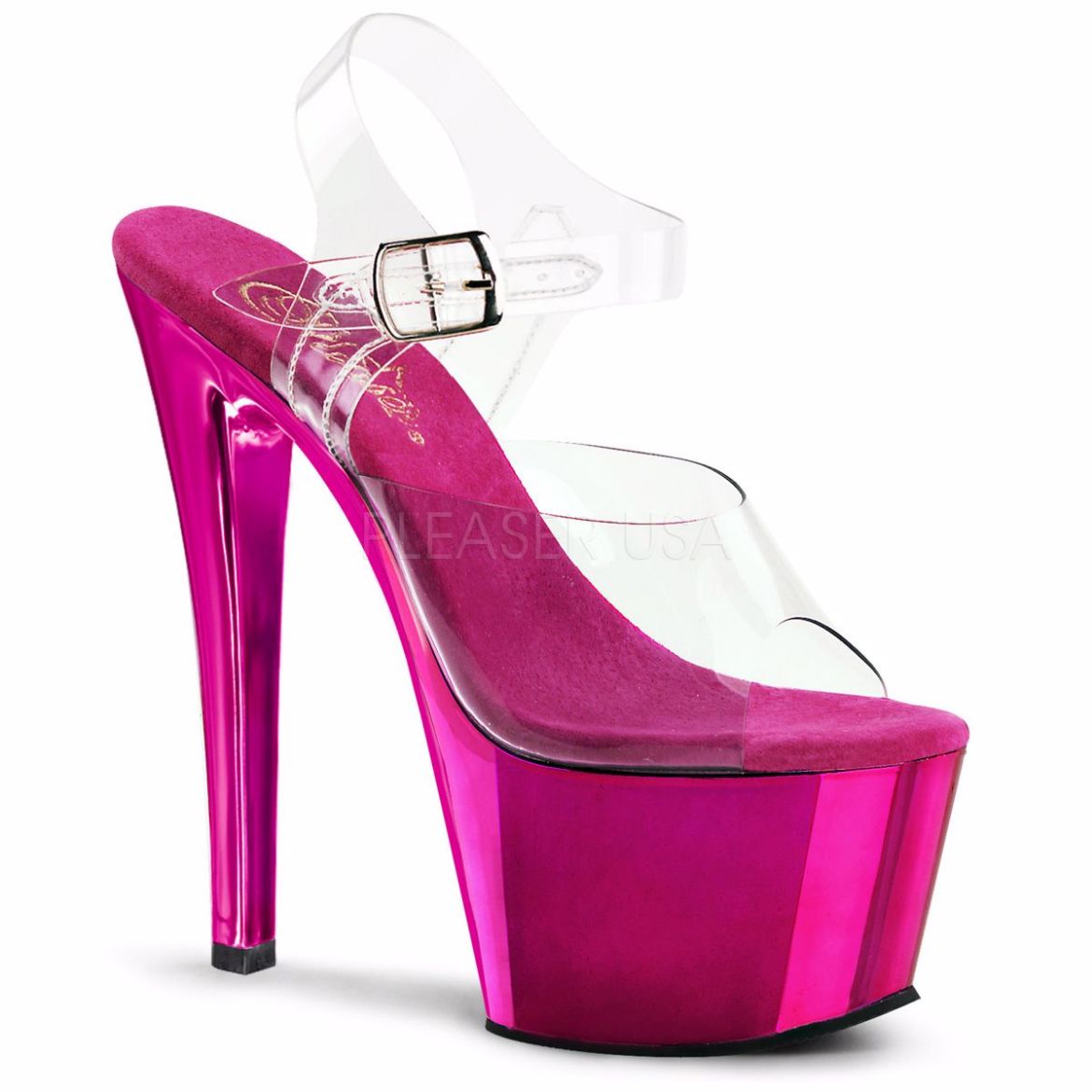 Product image of Pleaser Sky-308 Clear/Hot Pink Chrome, 7 inch (17.8 cm) Heel, 2 3/4 inch (7 cm) Platform Sandal Shoes