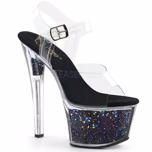 Product image of Pleaser Sky-308Gf Clear/Black Multi Glitter, 7 inch (17.8 cm) Heel, 2 3/4 inch (7 cm) Platform Sandal Shoes
