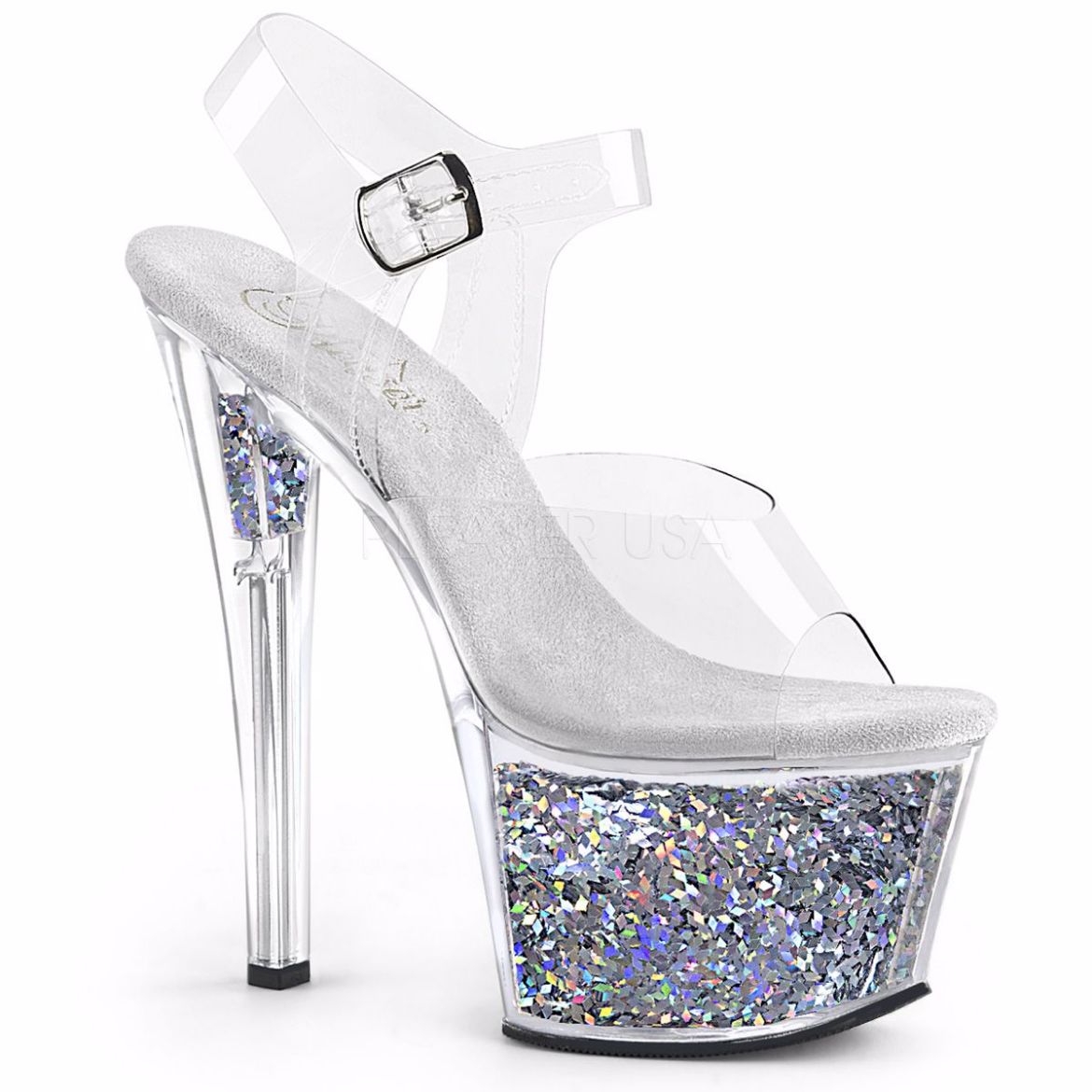 Product image of Pleaser Sky-308Gf Clear/Silver Multi Glitter, 7 inch (17.8 cm) Heel, 2 3/4 inch (7 cm) Platform Sandal Shoes