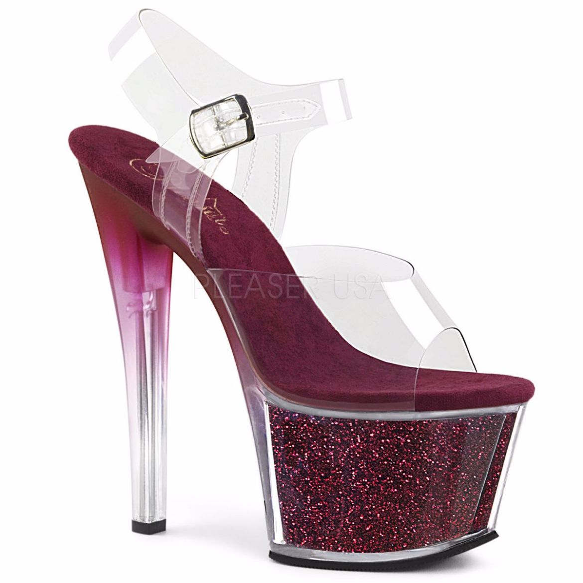 Product image of Pleaser Sky-308G-T Clear/Berry Glitter Inserts, 7 inch (17.8 cm) Heel, 2 3/4 inch (7 cm) Platform Sandal Shoes