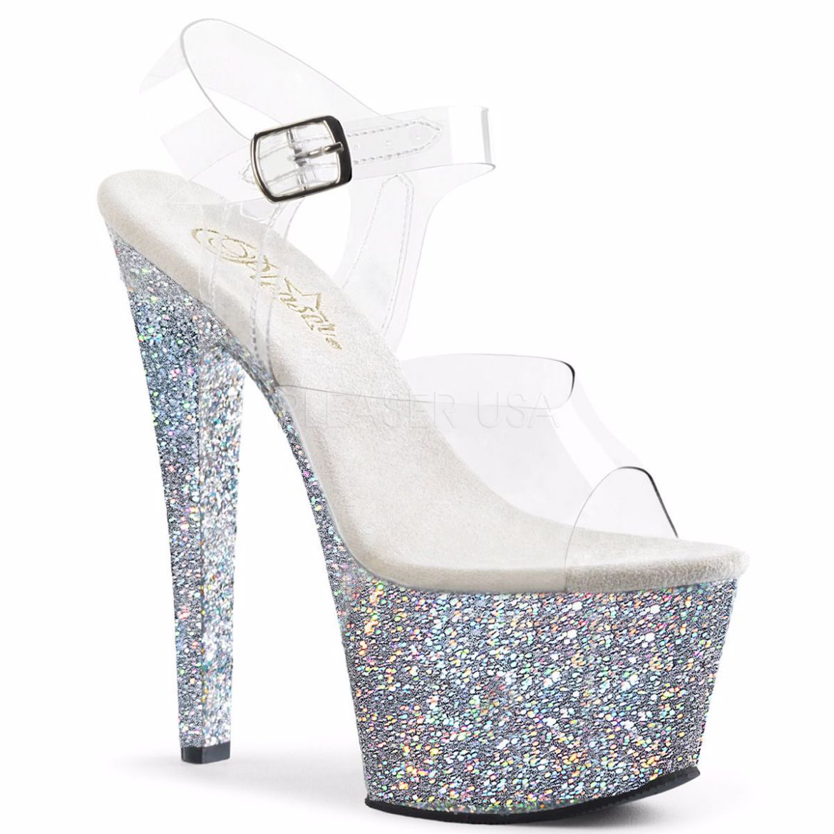 Product image of Pleaser Sky-308Lg Clear/Silver Multi Glitter, 7 inch (17.8 cm) Heel, 2 3/4 inch (7 cm) Platform Sandal Shoes