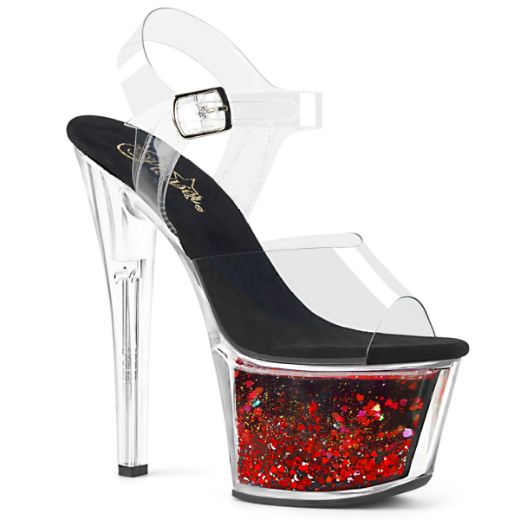 Product image of Pleaser Sky-308Whg Clear/Black-Red Glitter, 7 inch (17.8 cm) Heel, 2 3/4 inch (7 cm) Platform Sandal Shoes