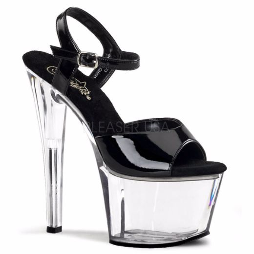 Product image of Pleaser Sky-309 Black Patent/Clear, 7 inch (17.8 cm) Heel, 2 3/4 inch (7 cm) Platform Sandal Shoes