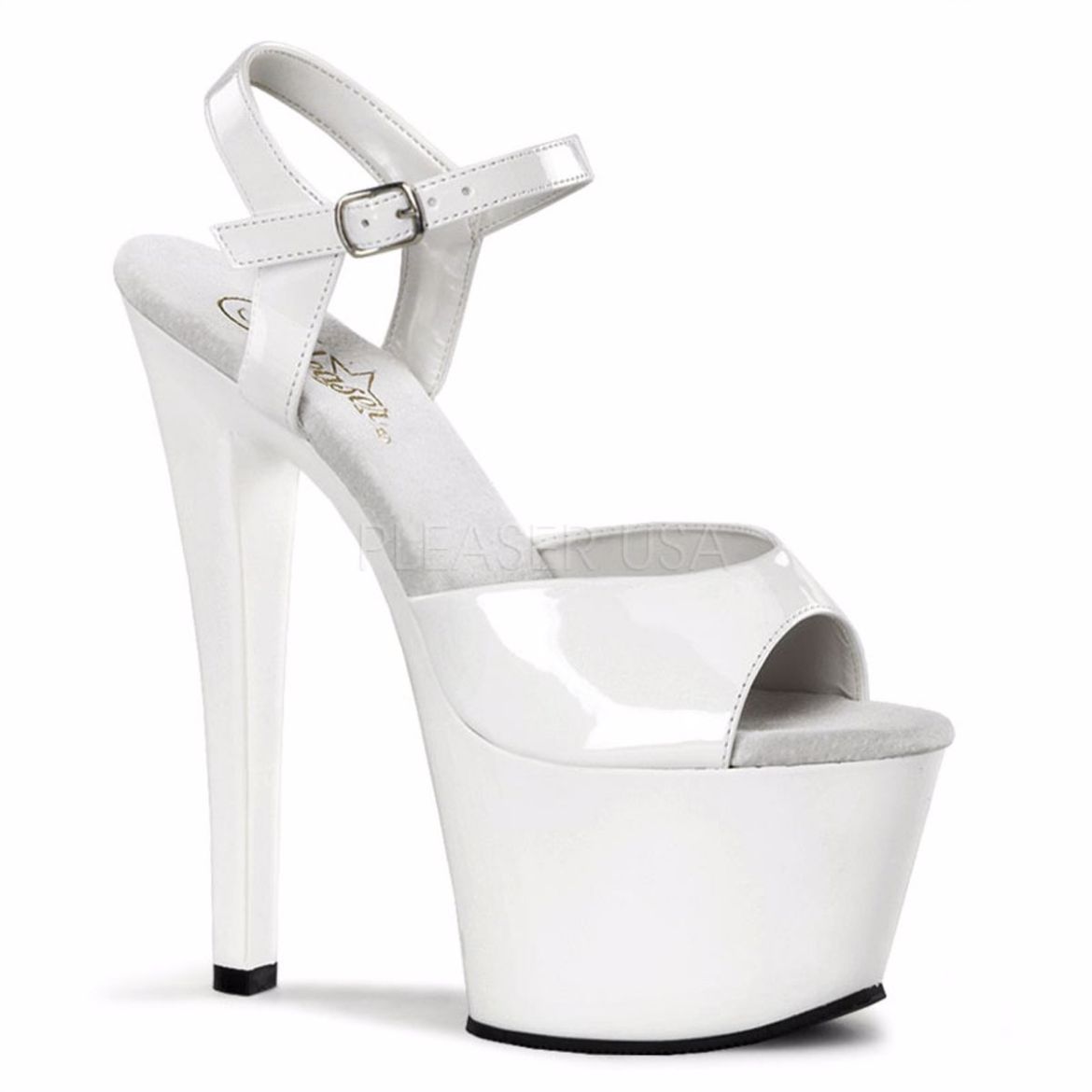 Product image of Pleaser Sky-309 White Patent/White, 7 inch (17.8 cm) Heel, 2 3/4 inch (7 cm) Platform Sandal Shoes