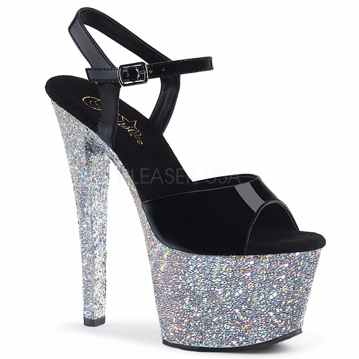 Product image of Pleaser Sky-309Lg Black Patent/Silver Multi Glitter, 7 inch (17.8 cm) Heel, 2 3/4 inch (7 cm) Platform Sandal Shoes