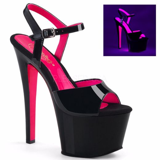 Product image of Pleaser Sky-309Tt Black Patent/Black-Neon Hot Pink, 7 inch (17.8 cm) Heel, 2 3/4 inch (7 cm) Platform Sandal Shoes