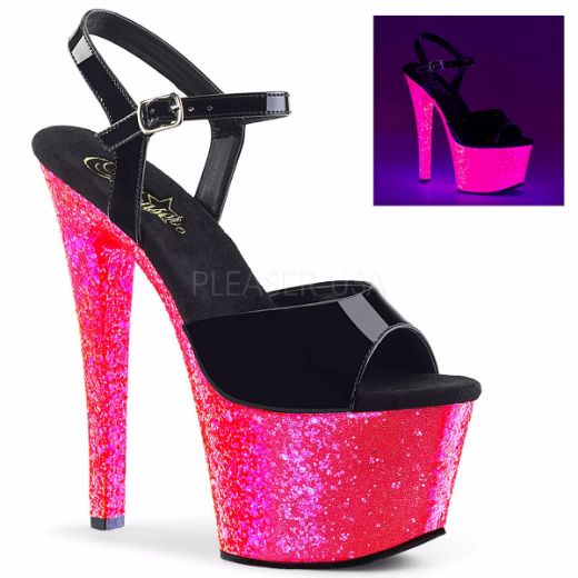 Product image of Pleaser Sky-309Uvlg Black Patent/Neon Hot Pink Glitter, 7 inch (17.8 cm) Heel, 2 3/4 inch (7 cm) Platform Sandal Shoes