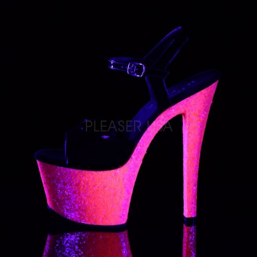 Product image of Pleaser Sky-309Uvlg Black Patent/Neon Hot Pink Glitter, 7 inch (17.8 cm) Heel, 2 3/4 inch (7 cm) Platform Sandal Shoes