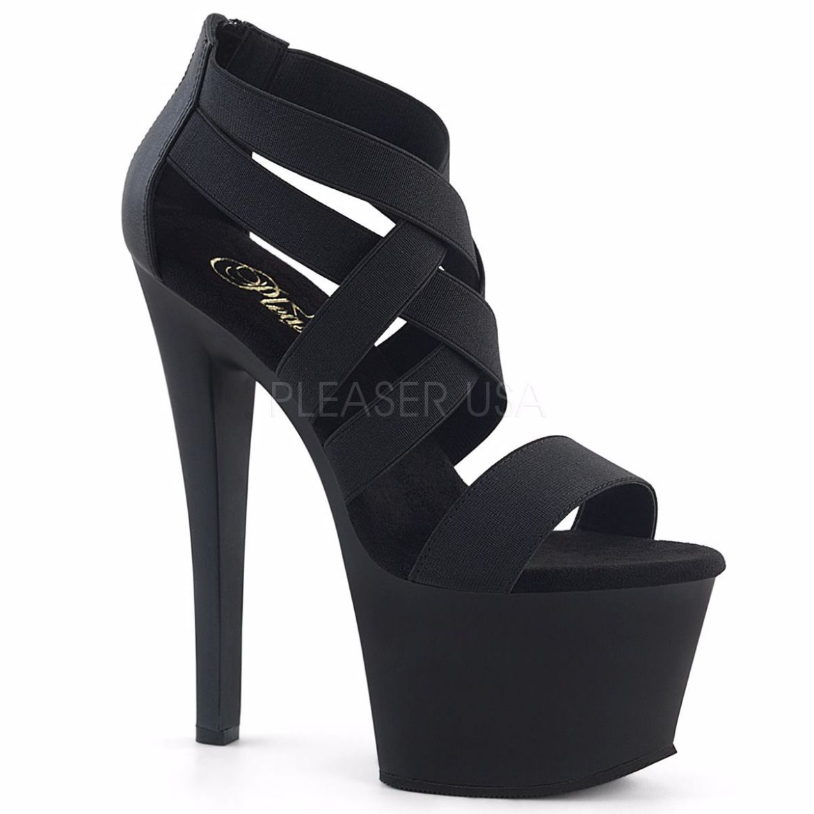 Product image of Pleaser Sky-369 Black Elastic Band/Black Matte, 7 inch (17.8 cm) Heel, 2 3/4 inch (7 cm) Platform Sandal Shoes