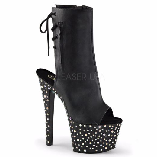 Product image of Pleaser Stardance-1018-7 Black Faux Leather/Black-Silver Multi Rhinestone, 7 inch (17.8 cm) Heel, 2 3/4 inch (7 cm) Platform Ankle Boot
