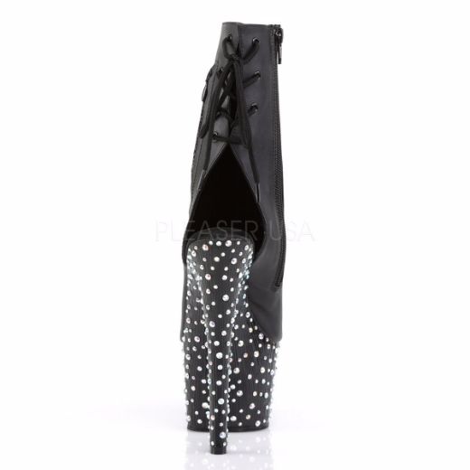 Product image of Pleaser Stardance-1018-7 Black Faux Leather/Black-Silver Multi Rhinestone, 7 inch (17.8 cm) Heel, 2 3/4 inch (7 cm) Platform Ankle Boot