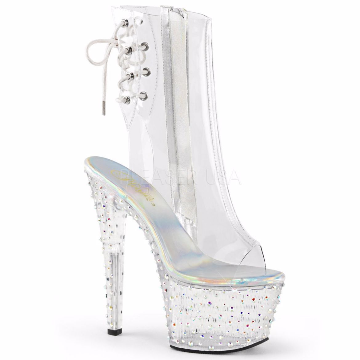 Product image of Pleaser Stardance-1018C-7 Clear/Clear-Silver Multi Rhinestone, 7 inch (17.8 cm) Heel, 2 3/4 inch (7 cm) Platform Ankle Boot