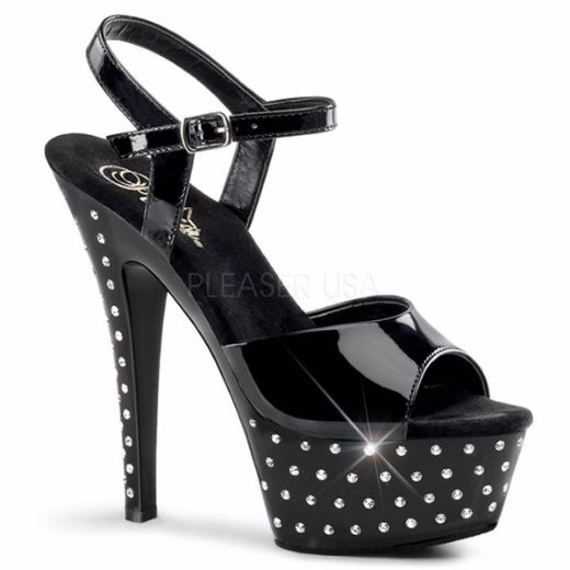 Product image of Pleaser Stardust-609 Black Patent/Black, 6 inch (15.2 cm) Heel, 1 3/4 inch (4.4 cm) Platform Sandal Shoes