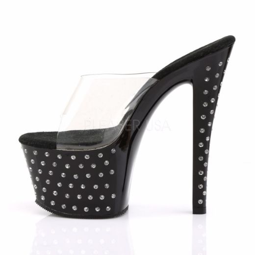 Product image of Pleaser Stardust-701 Clear/Black, 7 inch (17.8 cm) Heel, 2 3/4 inch (7 cm) Platform Slide Mule Shoes