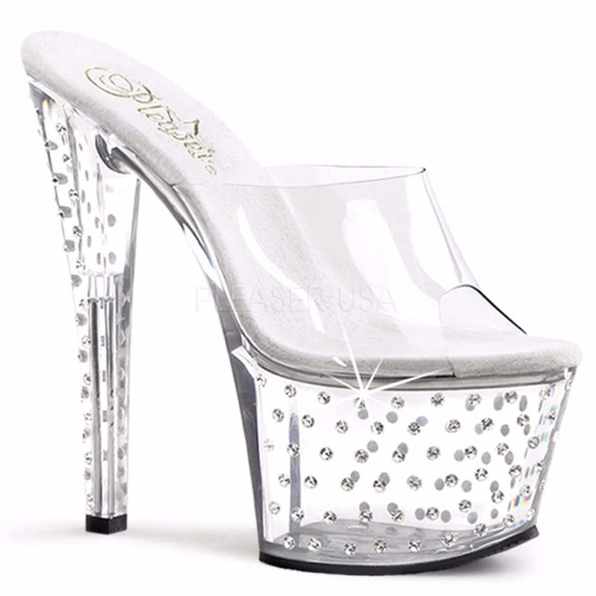 Product image of Pleaser Stardust-701 Clear/Clear, 7 inch (17.8 cm) Heel, 2 3/4 inch (7 cm) Platform Slide Mule Shoes