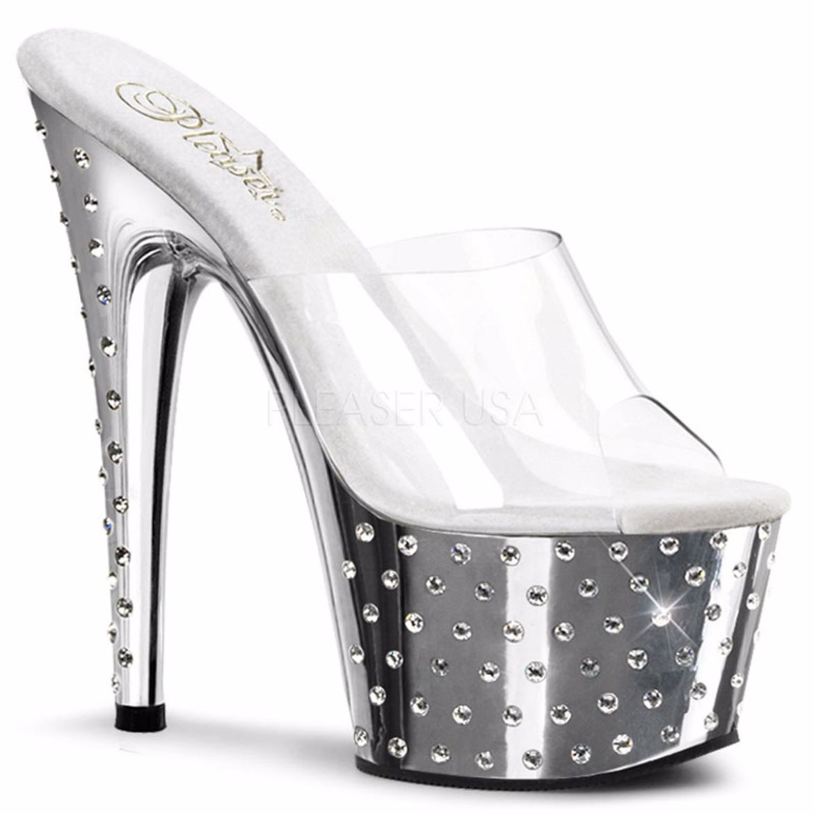 Product image of Pleaser Stardust-701 Clear/Silver Chrome, 7 inch (17.8 cm) Heel, 2 3/4 inch (7 cm) Platform Slide Mule Shoes