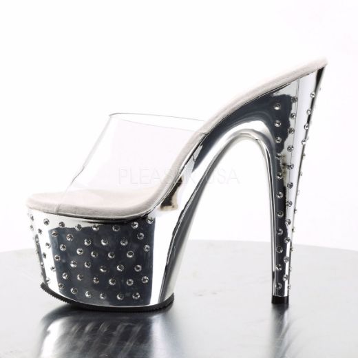 Product image of Pleaser Stardust-701 Clear/Silver Chrome, 7 inch (17.8 cm) Heel, 2 3/4 inch (7 cm) Platform Slide Mule Shoes