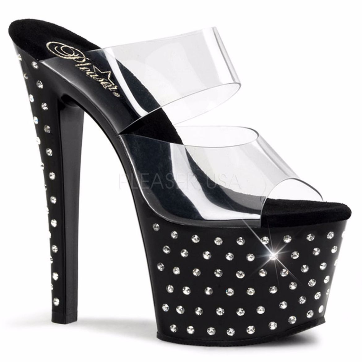 Product image of Pleaser Stardust-702 Clear/Black, 7 inch (17.8 cm) Heel, 2 3/4 inch (7 cm) Platform Slide Mule Shoes