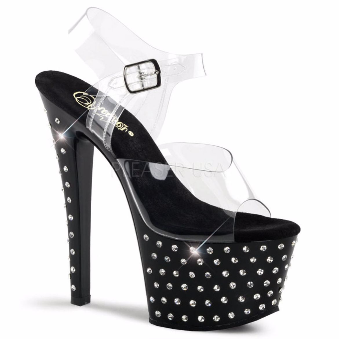 Product image of Pleaser Stardust-708 Clear/Black, 7 inch (17.8 cm) Heel, 2 3/4 inch (7 cm) Platform Sandal Shoes