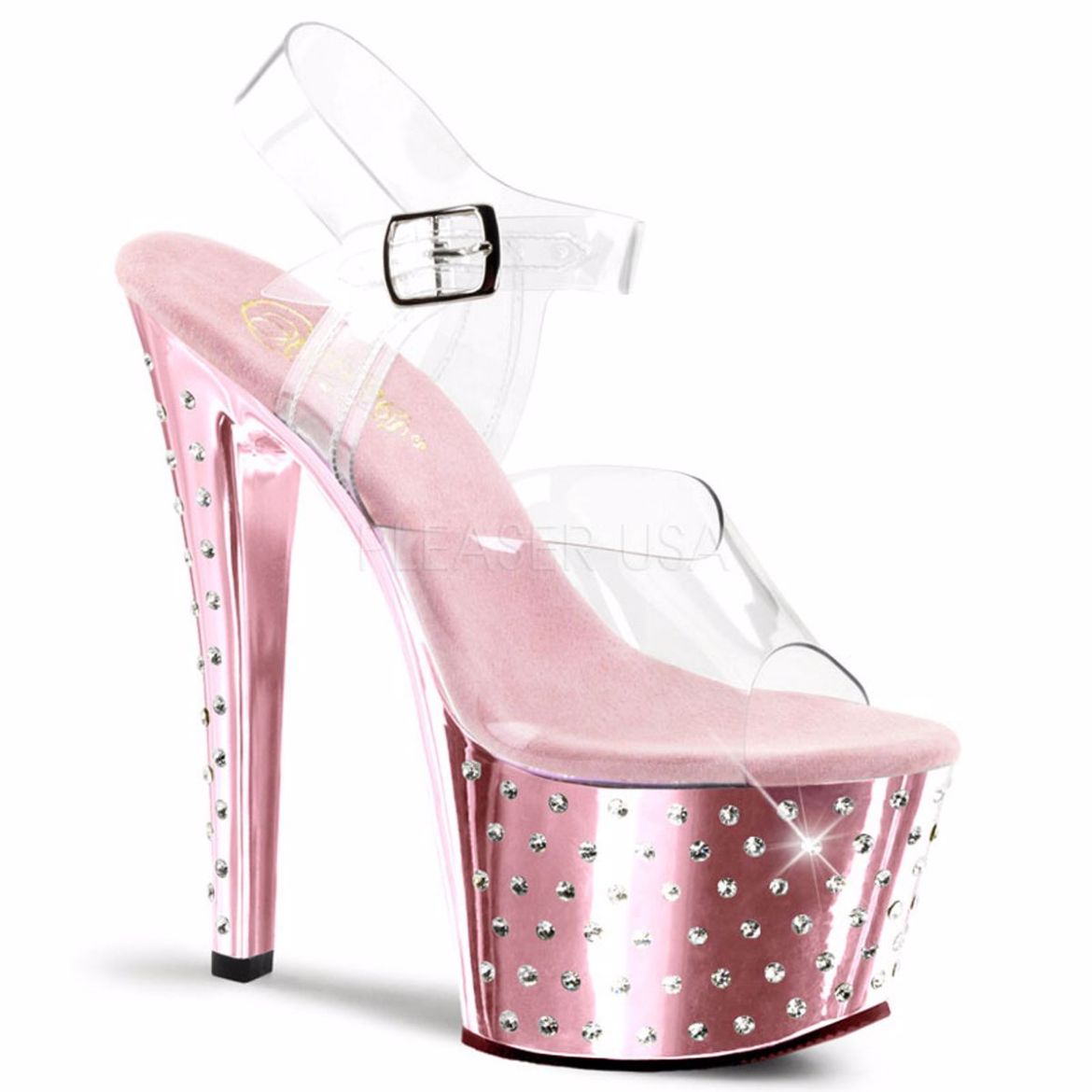 Product image of Pleaser Stardust-708 Clear/Baby Pink Chrome, 7 inch (17.8 cm) Heel, 2 3/4 inch (7 cm) Platform Sandal Shoes