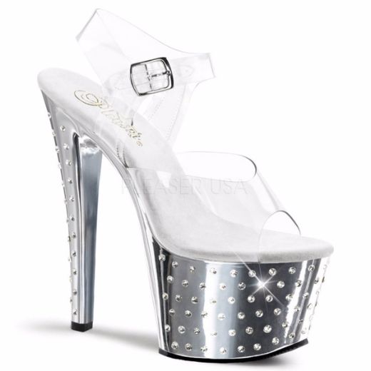 Product image of Pleaser Stardust-708 Clear/Silver Chrome, 7 inch (17.8 cm) Heel, 2 3/4 inch (7 cm) Platform Sandal Shoes