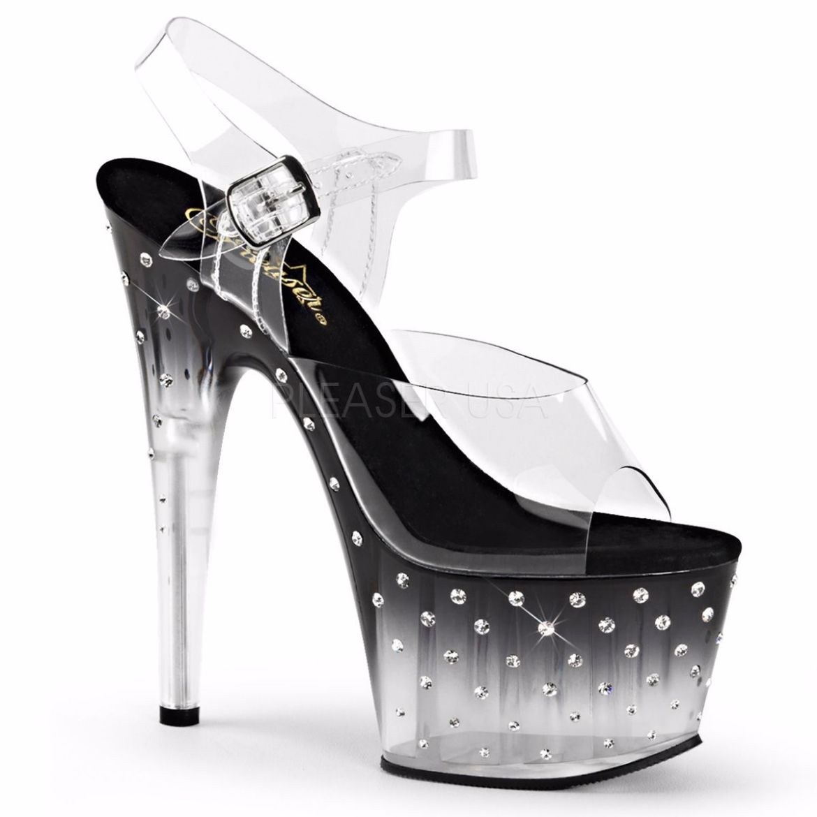 Product image of Pleaser Stardust-708T Clear/Black-Clear, 7 inch (17.8 cm) Heel, 2 3/4 inch (7 cm) Platform Sandal Shoes
