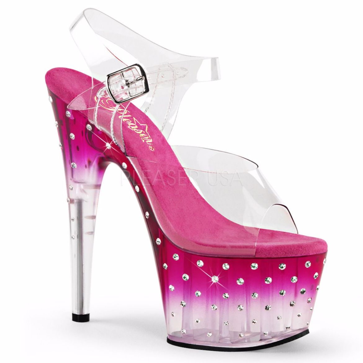 Product image of Pleaser Stardust-708T Clear/Pink-Clear, 7 inch (17.8 cm) Heel, 2 3/4 inch (7 cm) Platform Sandal Shoes