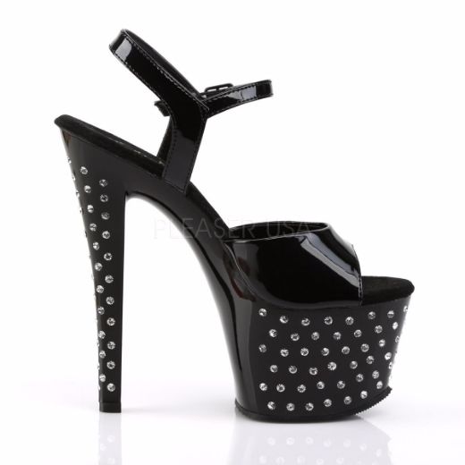 Product image of Pleaser Stardust-709 Black Patent/Black, 7 inch (17.8 cm) Heel, 2 3/4 inch (7 cm) Platform Sandal Shoes