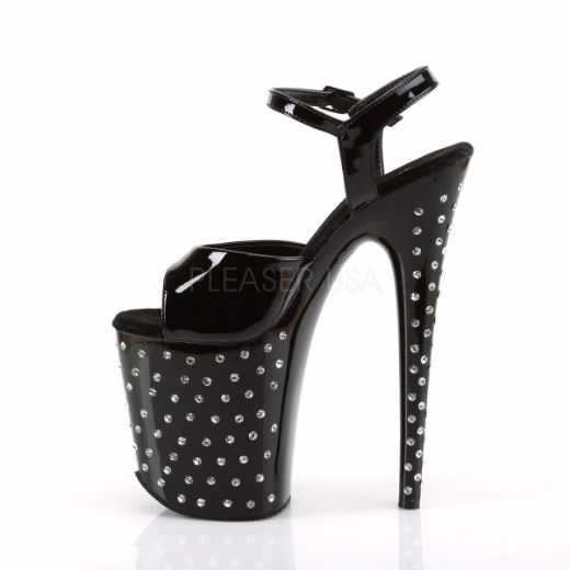 Product image of Pleaser Stardust-809 Black Patent/Black, 8 inch (20.3 cm) Heel, 4 inch (10.2 cm) Platform Sandal Shoes