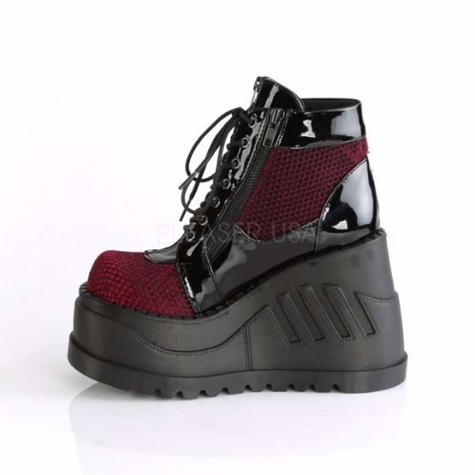 Product image of Demonia Stomp-18 Black Patent-Burgundy Velvet, 4 3/4 inch Platform Ankle Boot