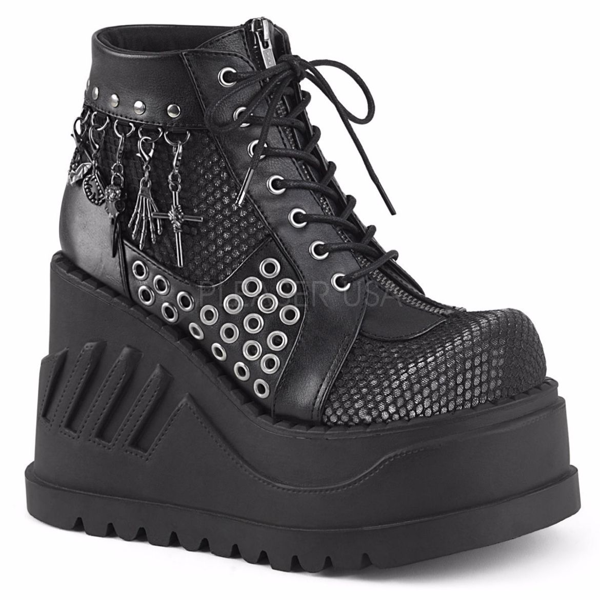 Product image of Demonia Stomp-18 Black Vegan Leather-Grey Velvet, 4 3/4 inch Platform Ankle Boot