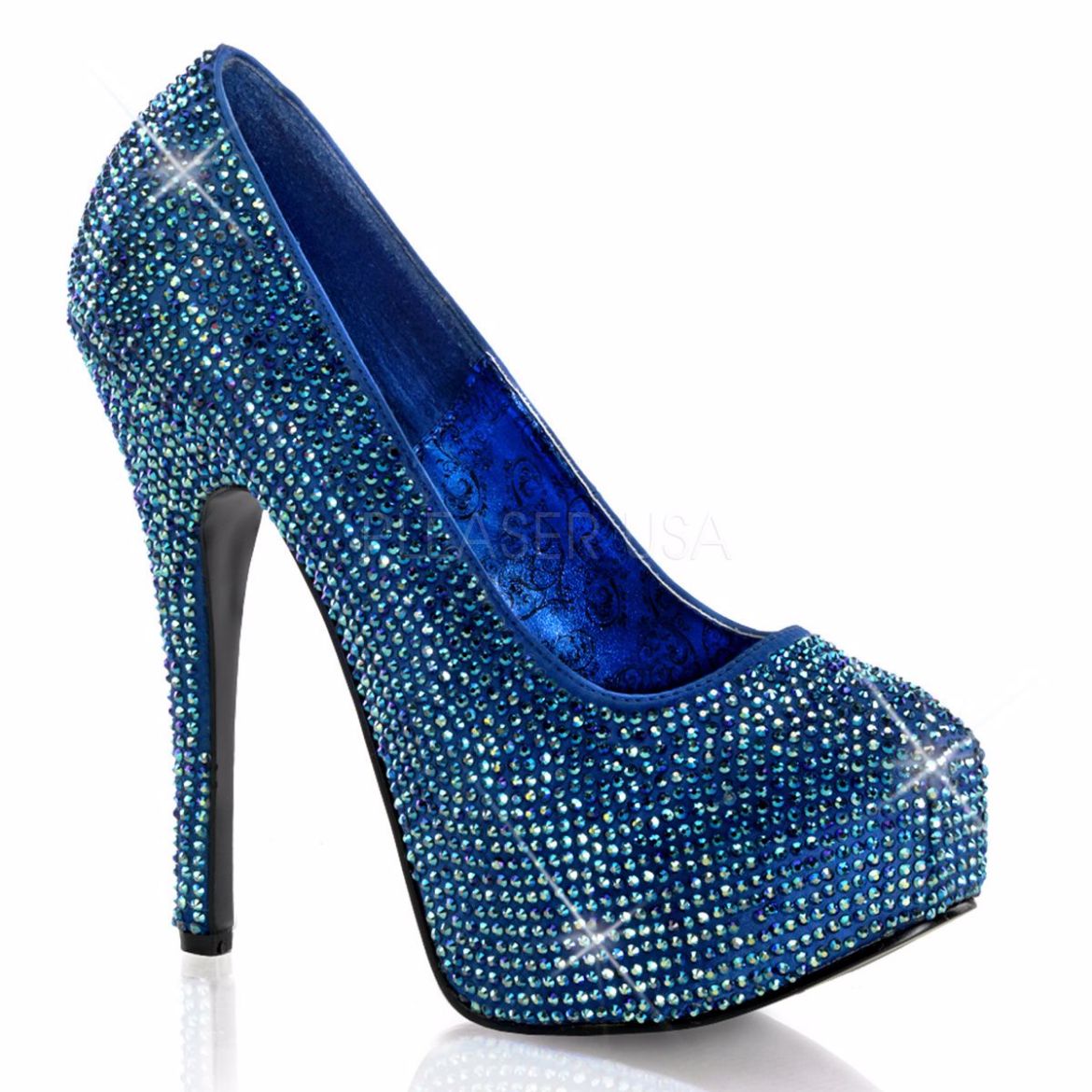 Product image of Fabulicious Teeze-06R Blue Satin-Irid Rhinestone, 5 3/4 inch (14.6 cm) Heel, 1 3/4 inch (4.4 cm) Hidden Platform Court Pump Shoes