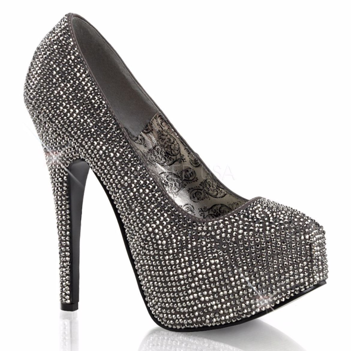 Product image of Fabulicious Teeze-06R Gray Satin-Pewter Rhinestone, 5 3/4 inch (14.6 cm) Heel, 1 3/4 inch (4.4 cm) Hidden Platform Court Pump Shoes