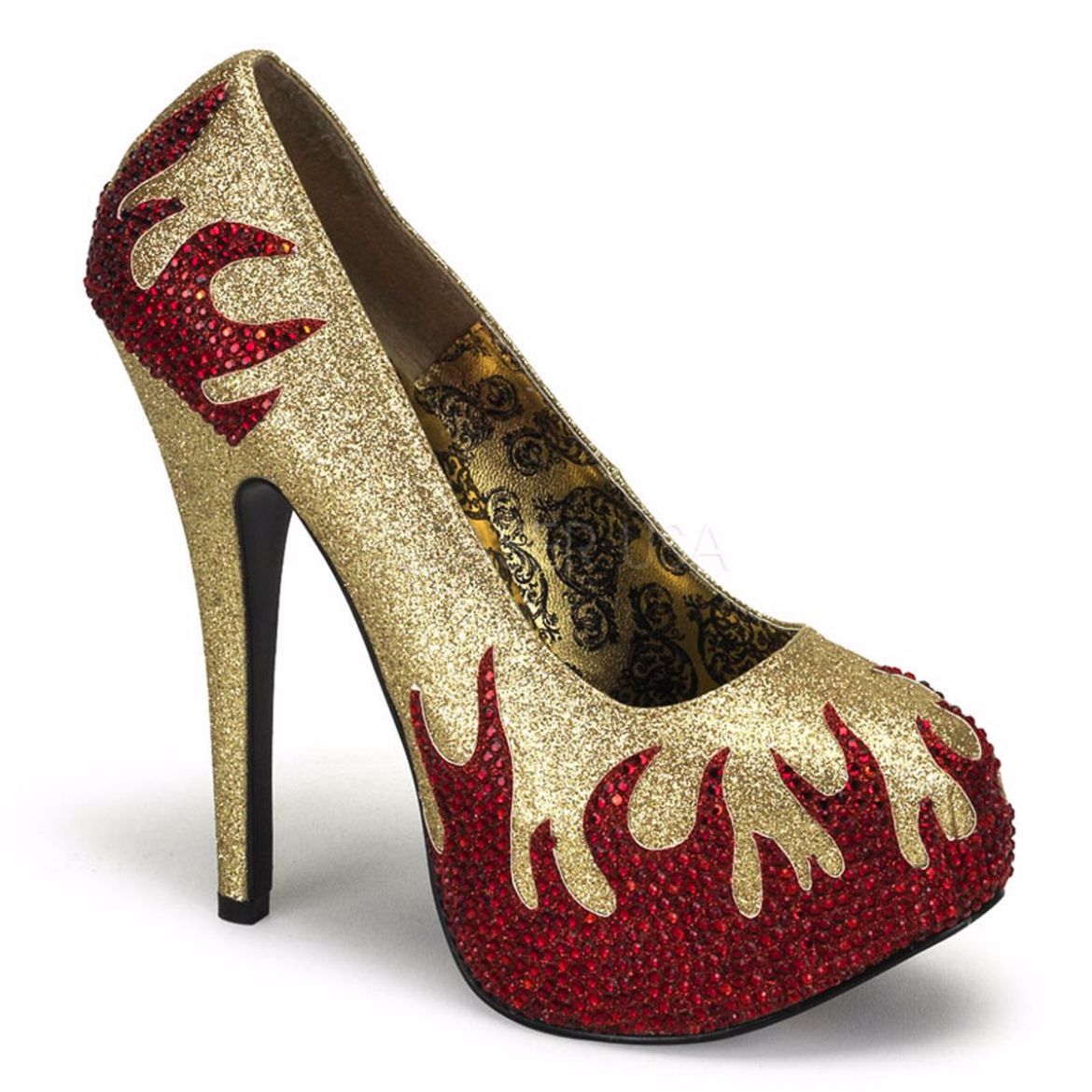Product image of Bordello Teeze-27 Gold Mini Glitter-Red Rhinestonetn, 5 3/4 inch (14.6 cm) Heel, 1 3/4 inch (4.4 cm) Platform Court Pump Shoes