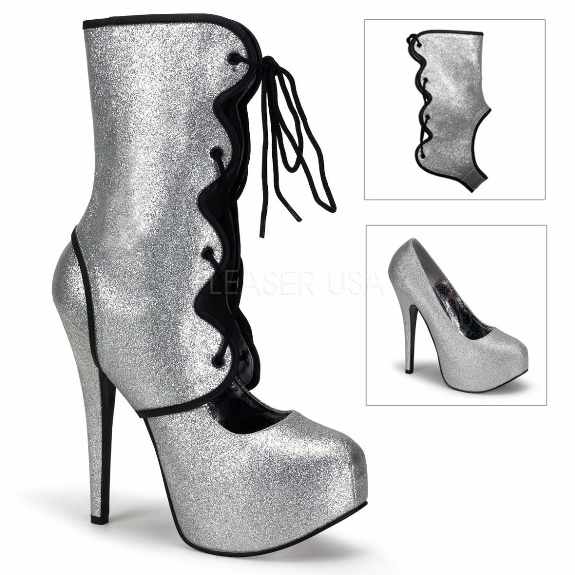 Product image of Bordello Teeze-31G Silver Mini Glitter, 5 3/4 inch (14.6 cm) Heel, 1 3/4 inch (4.4 cm) Platform Ankle Boot