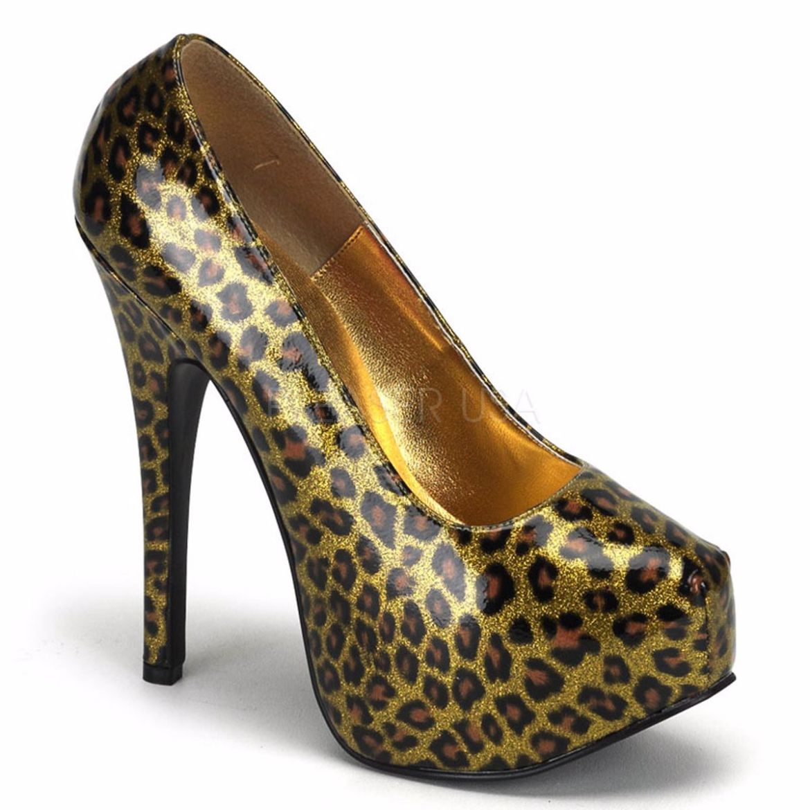 Product image of Bordello Teeze-37 Gold Cheetah Patent, 5 3/4 inch (14.6 cm) Heel, 1 3/4 inch (4.4 cm) Platform Court Pump Shoes